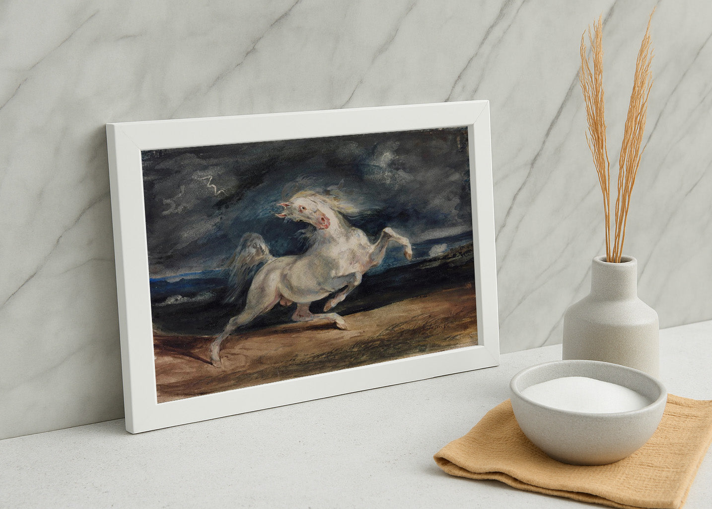 Cuadro ​Caballo blanco asustado por una tormenta (Eugene Delacroix)