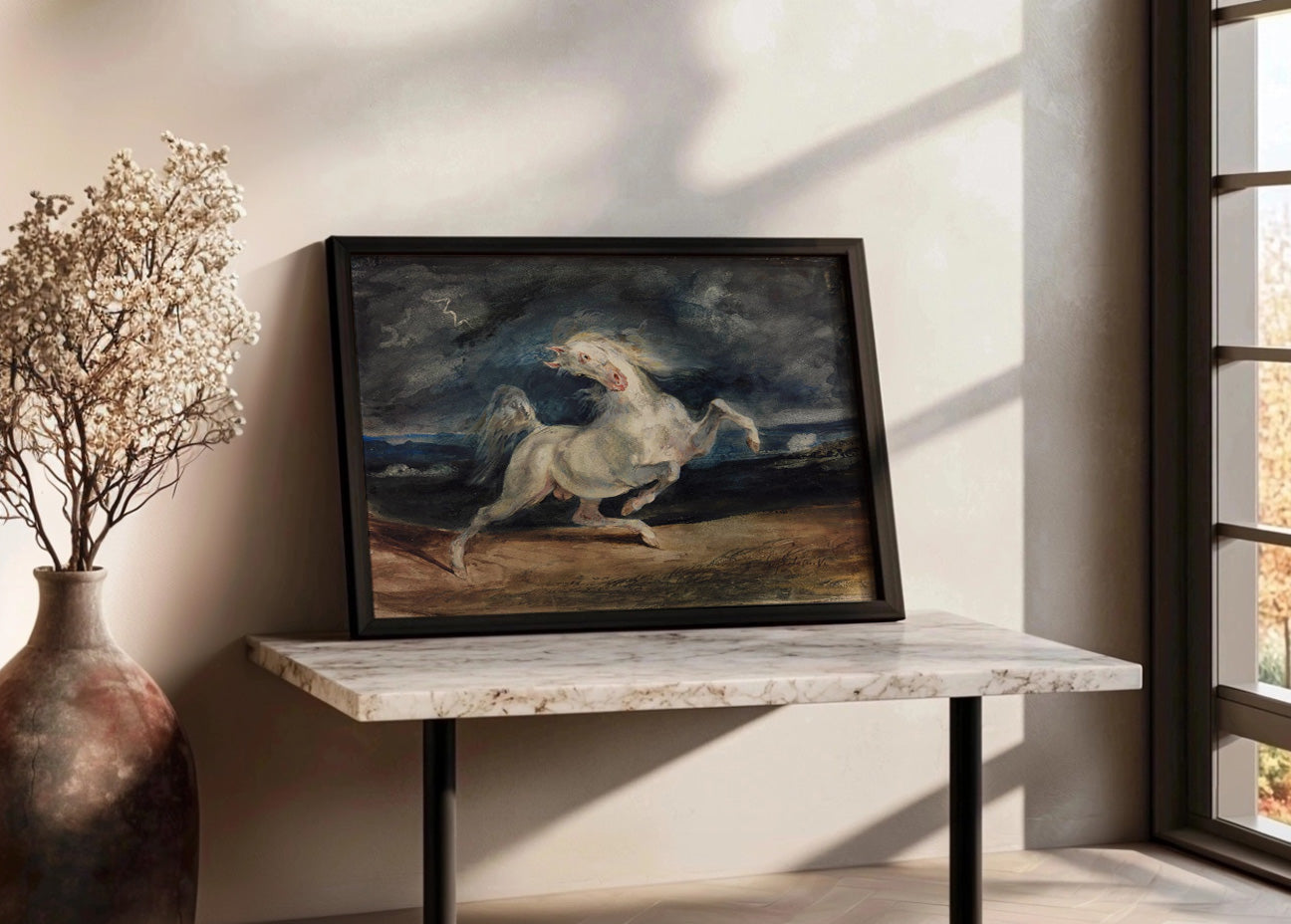 Cuadro ​Caballo blanco asustado por una tormenta (Eugene Delacroix)