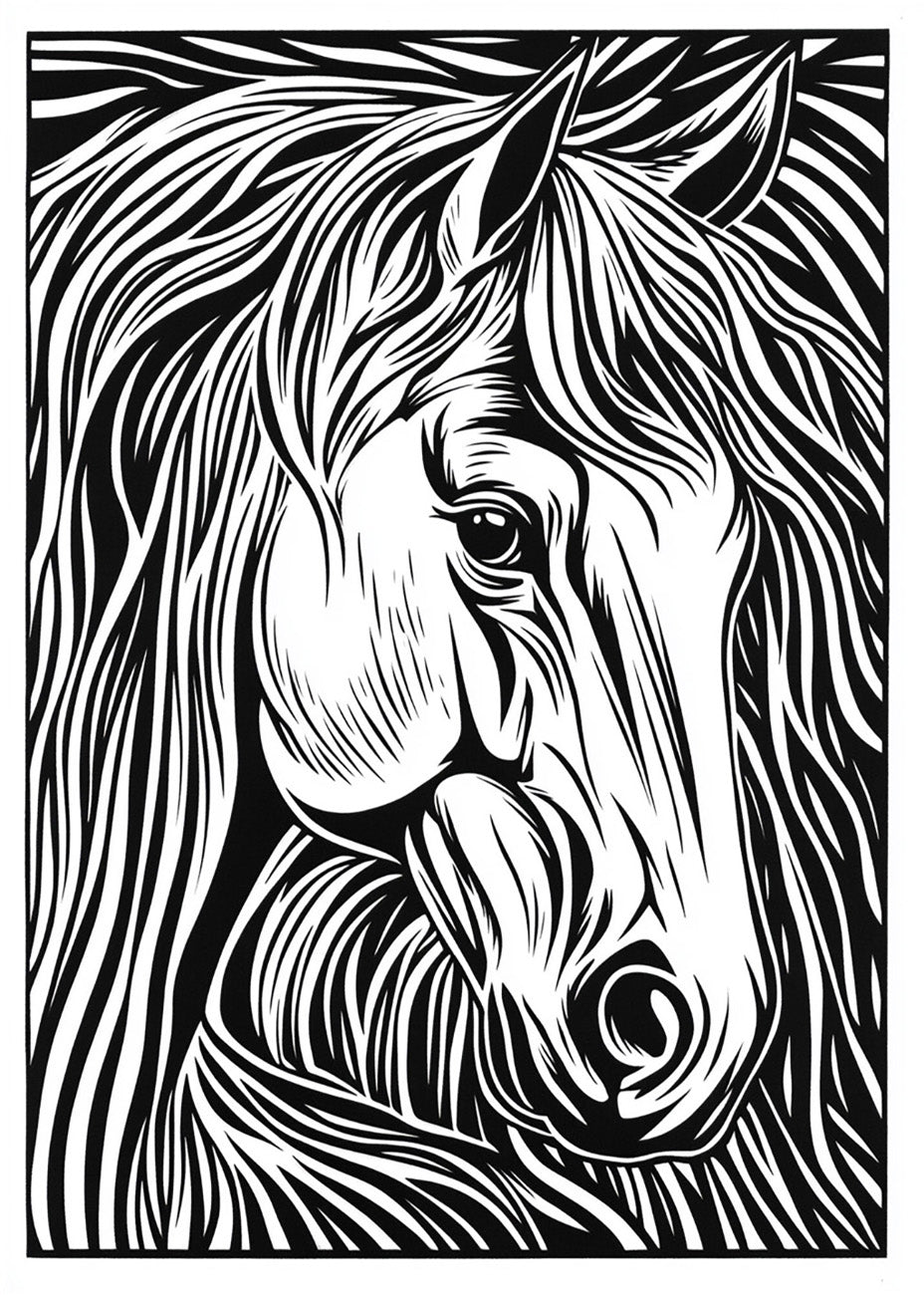 Cuadro ​Caballo diseño Linocut - blanco y negro
