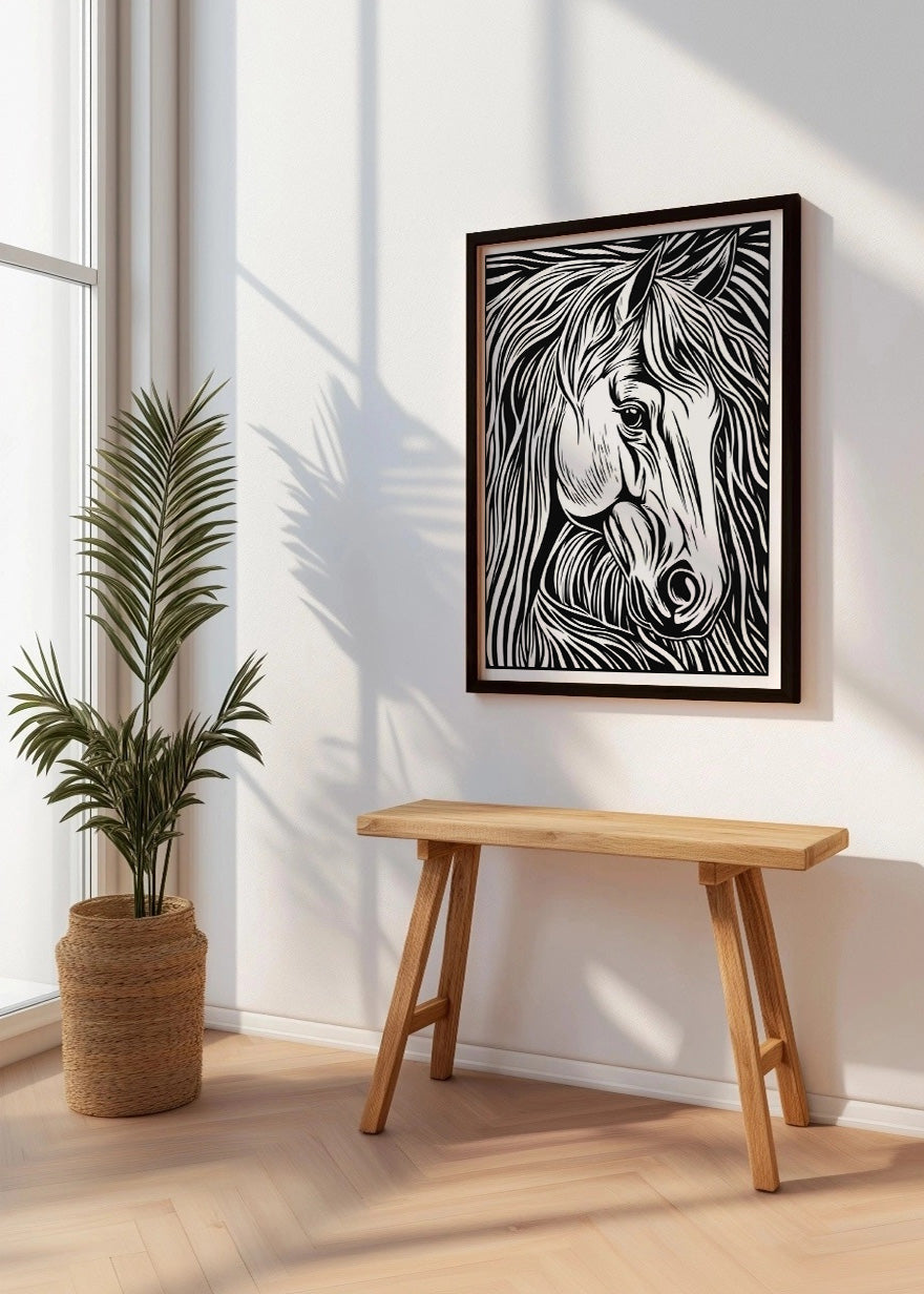 Cuadro ​Caballo diseño Linocut - blanco y negro