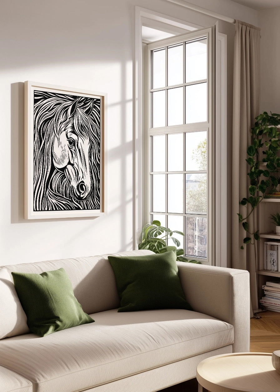 Cuadro ​Caballo diseño Linocut - blanco y negro