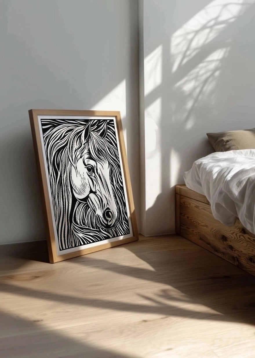 Cuadro ​Caballo diseño Linocut - blanco y negro