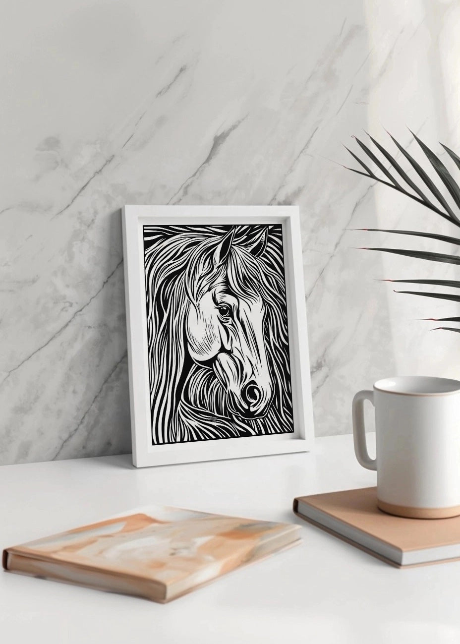 Cuadro ​Caballo diseño Linocut - blanco y negro