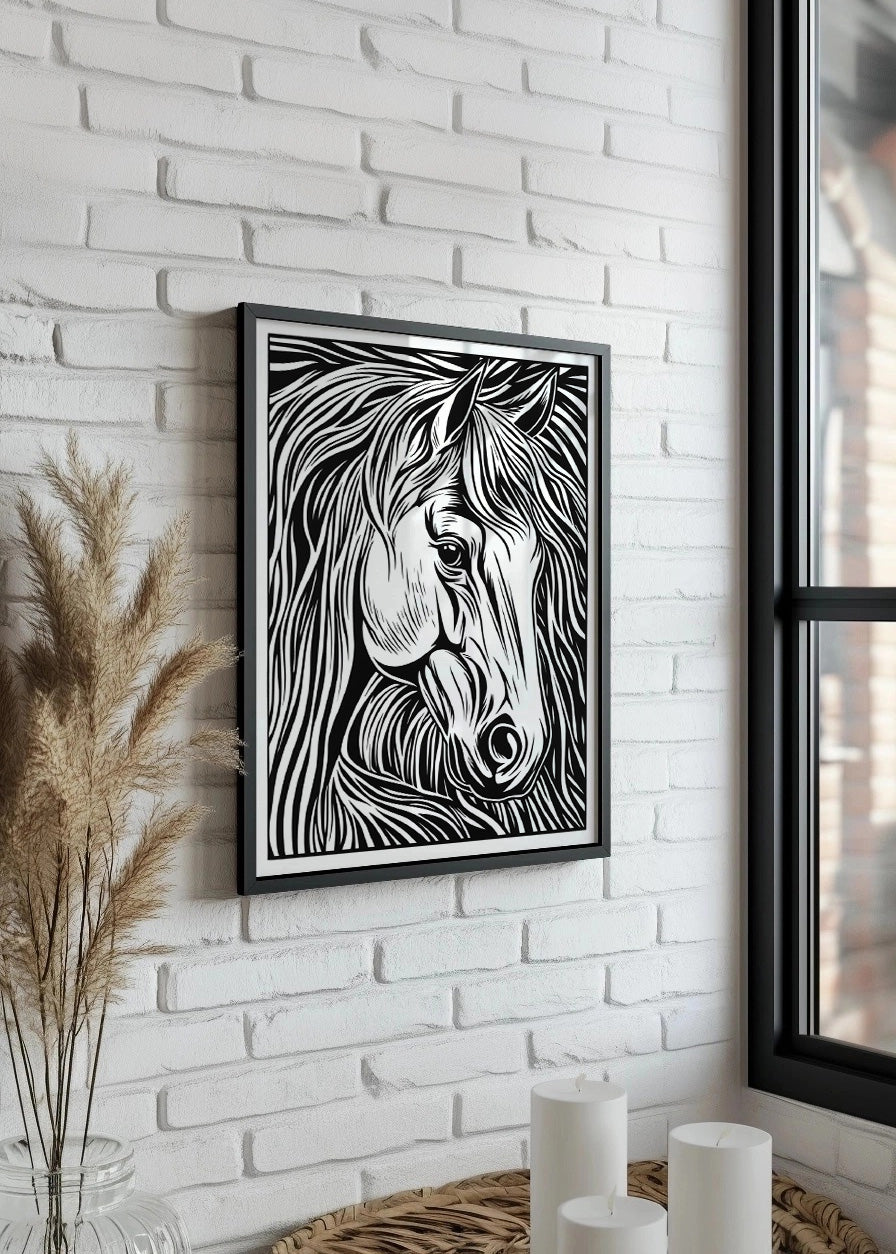 Cuadro ​Caballo diseño Linocut - blanco y negro