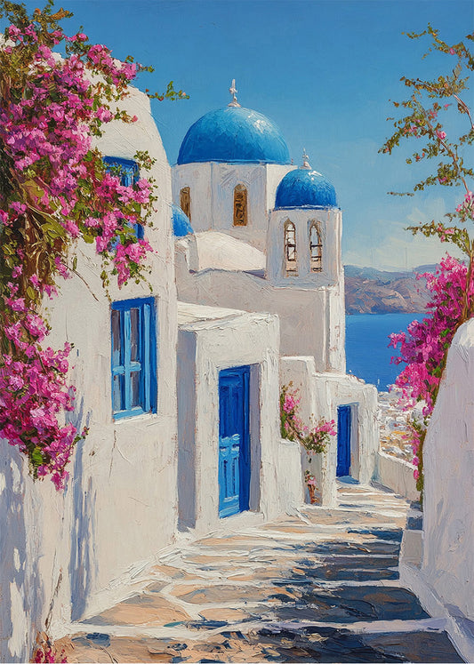 Cuadro ​Calle mediterránea con flores Buganvilla