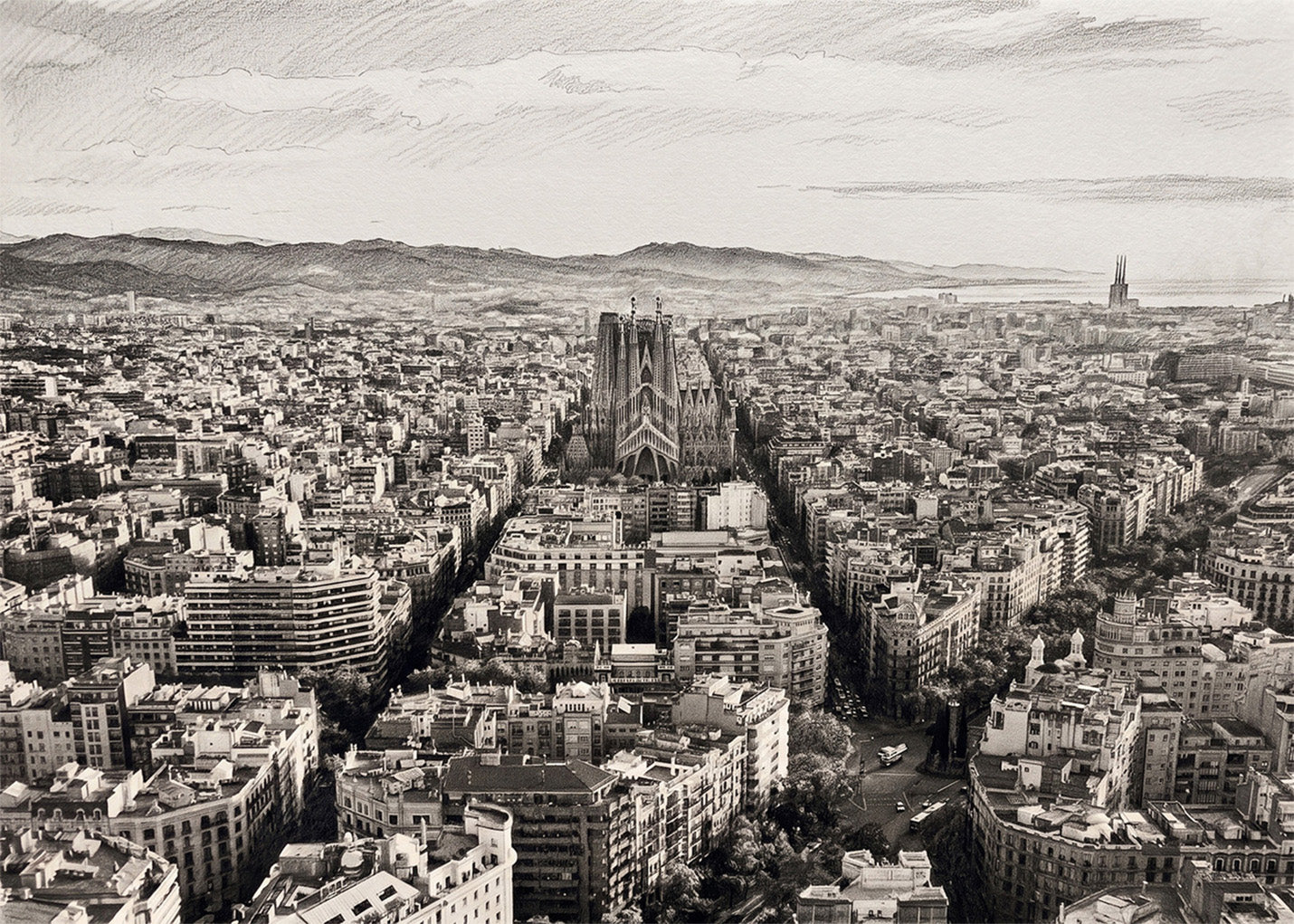 Cuadro Calles de Barcelona y Sagrada Familia efecto lápiz
