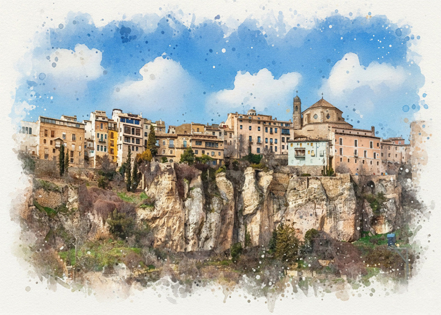 Cuadro Casas colgantes de Cuenca - Acuarela