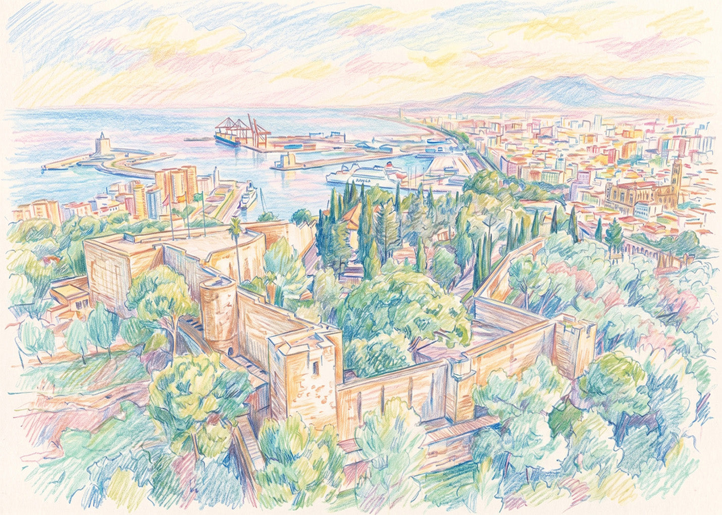 Cuadro Castillo de Gibralfaro y Málaga efecto dibujo