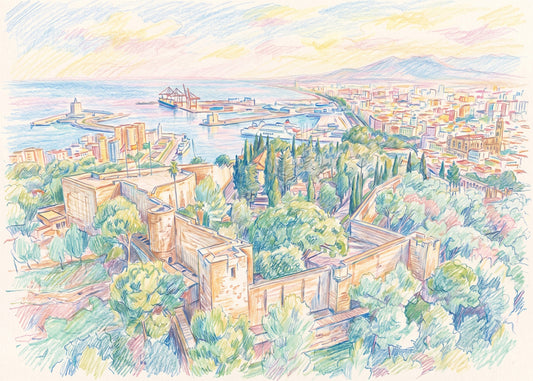 Cuadro Castillo de Gibralfaro y Málaga efecto dibujo