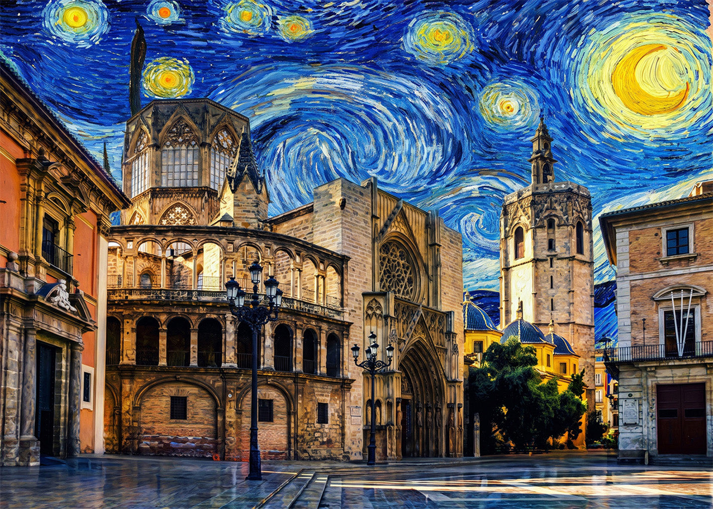 Cuadro Catedral Valencia y Miguelete - Noche Estrellada
