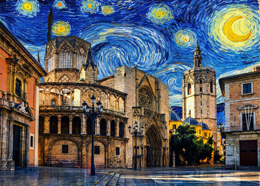 Cuadro Catedral Valencia y Miguelete - Noche Estrellada