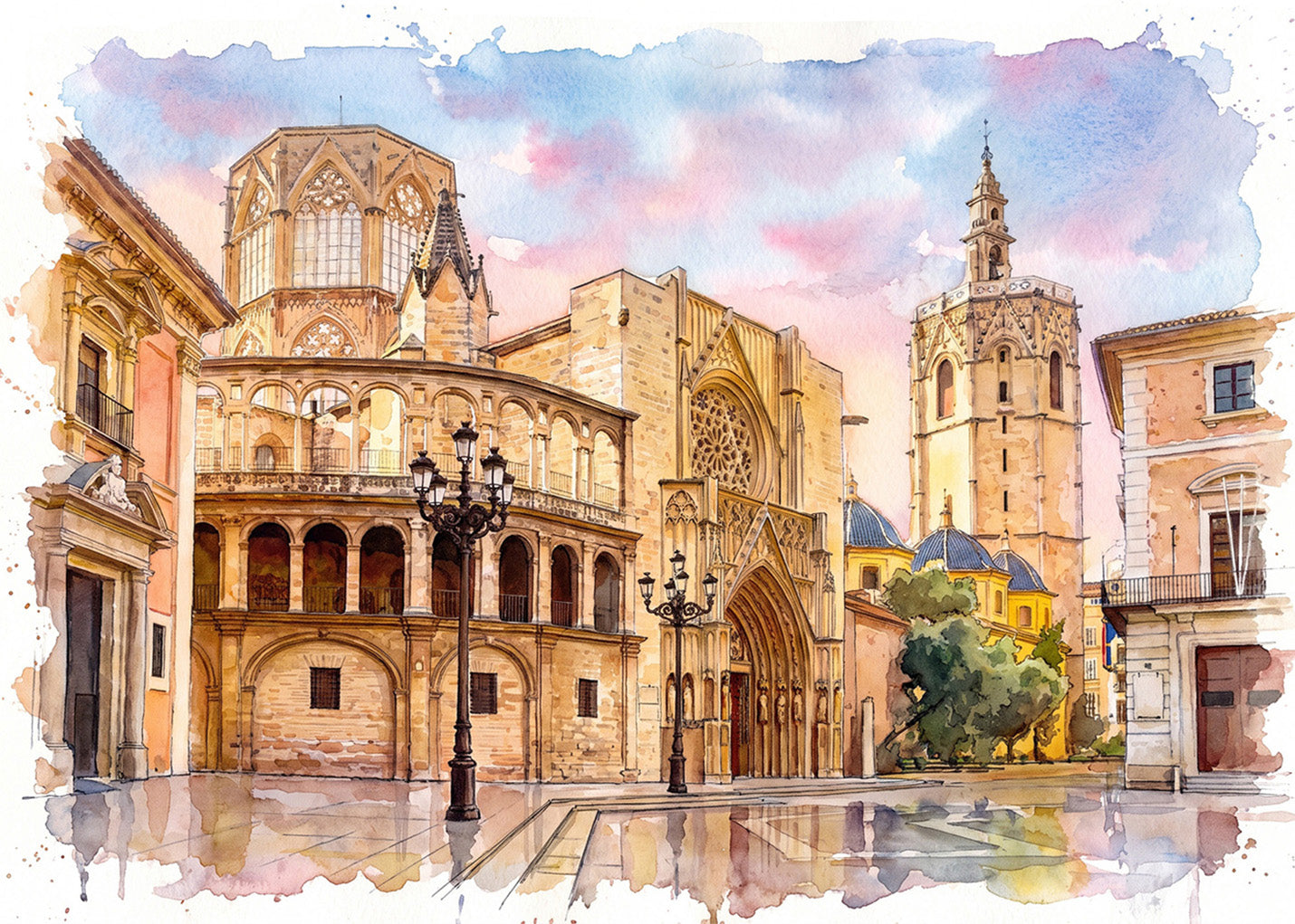 Cuadro Catedral Valencia y Miguelete efecto acuarela