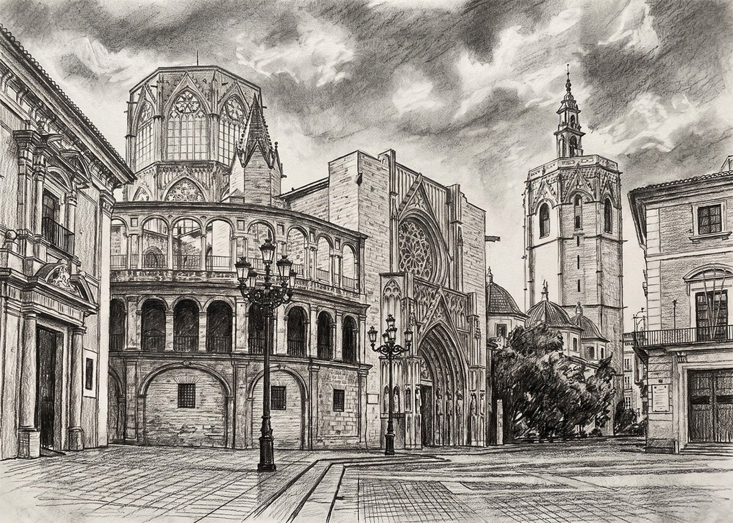 Cuadro Catedral Valencia y Miguelete esfecto lápiz