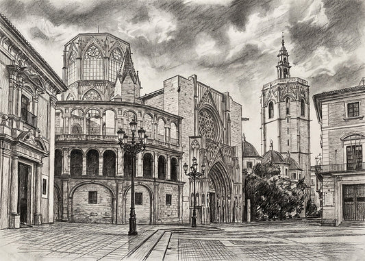 Cuadro Catedral Valencia y Miguelete esfecto lápiz