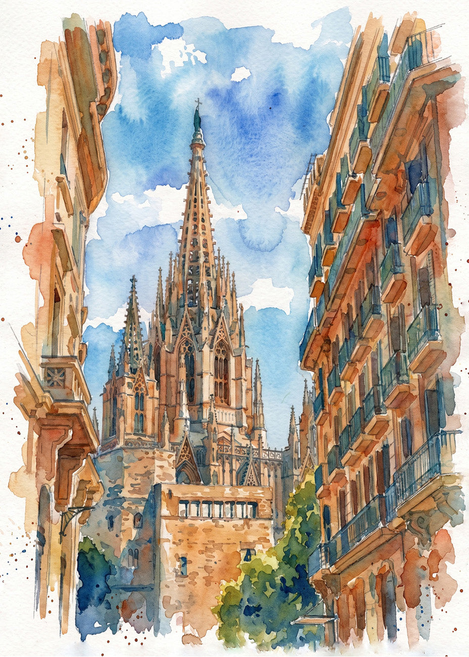 Cuadro Catedral de Barcelona efecto acuarela