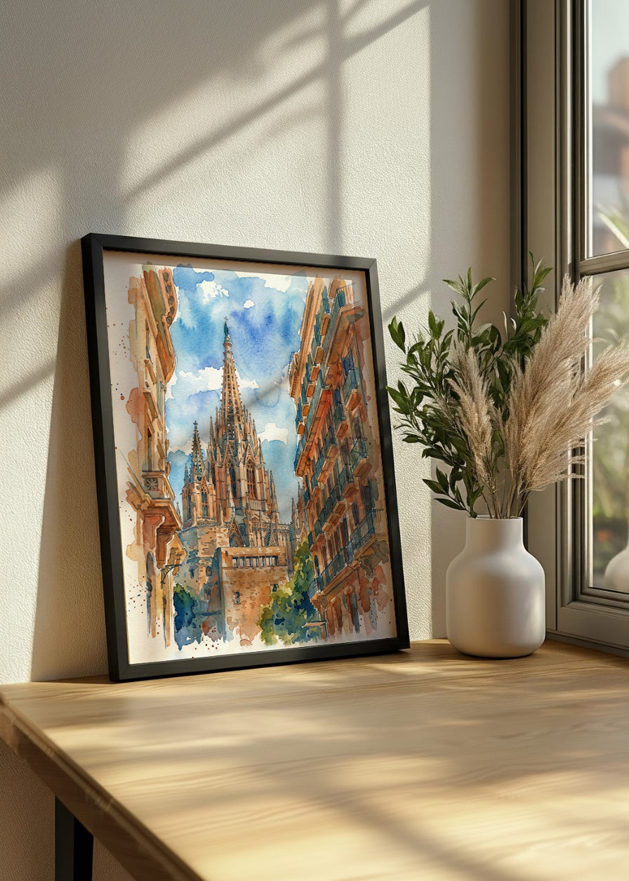 Cuadro Catedral de Barcelona efecto acuarela