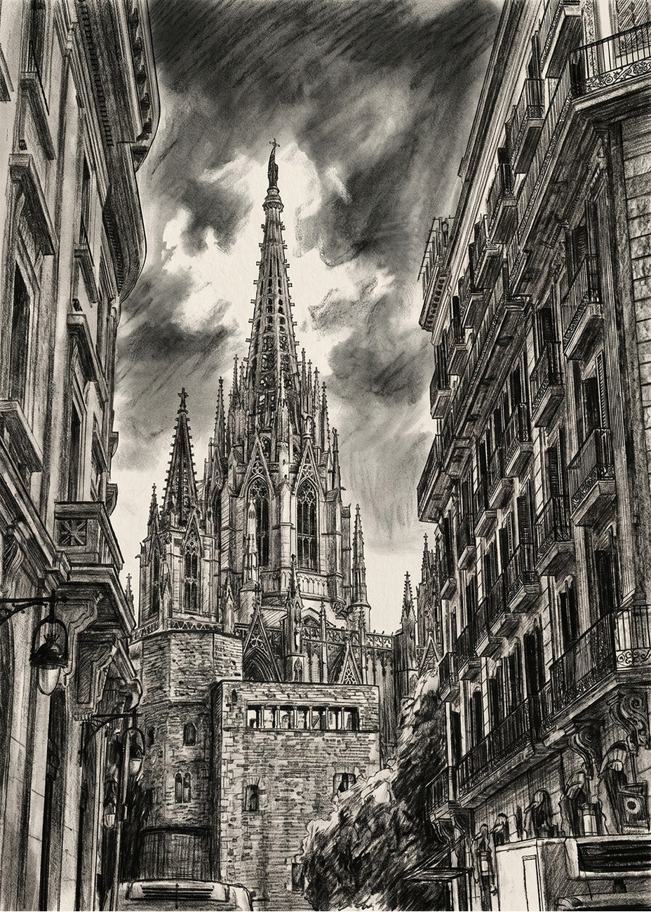 Cuadro Catedral de Barcelona en el Barrio gótico efecto lápiz