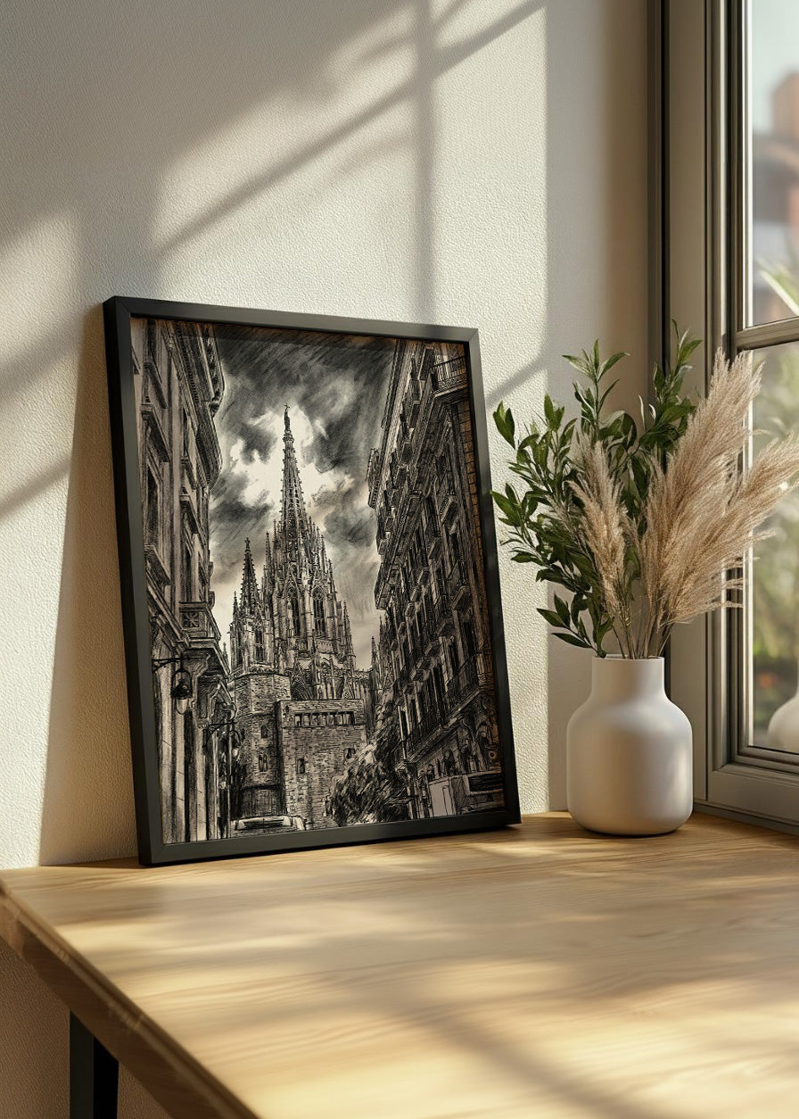 Cuadro Catedral de Barcelona en el Barrio gótico efecto lápiz