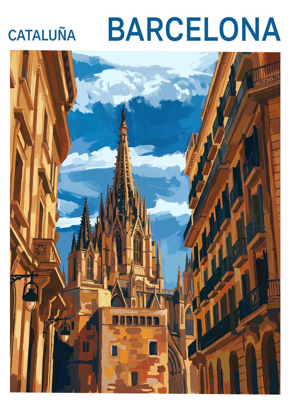 Cuadro Catedral de Barcelona y Barrio Gótico -Gouache
