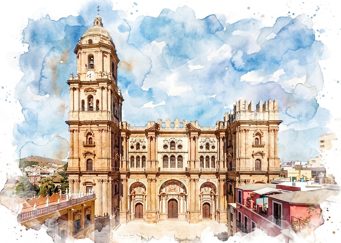Cuadro Catedral de Málaga efecto acuarela