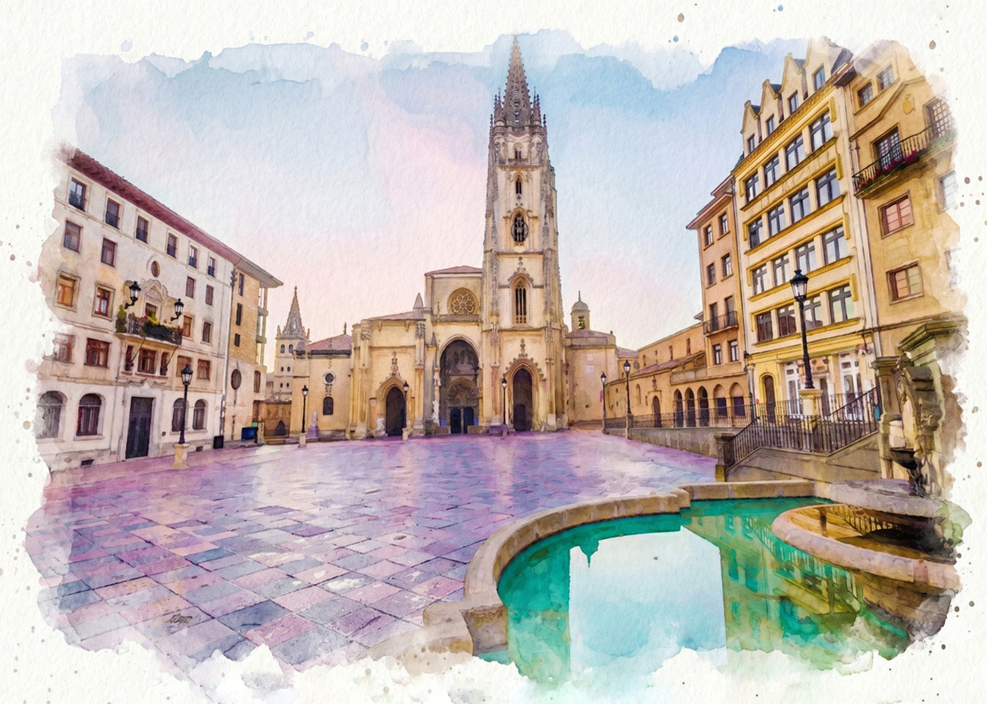Cuadro Catedral de Oviedo estilo acuarela