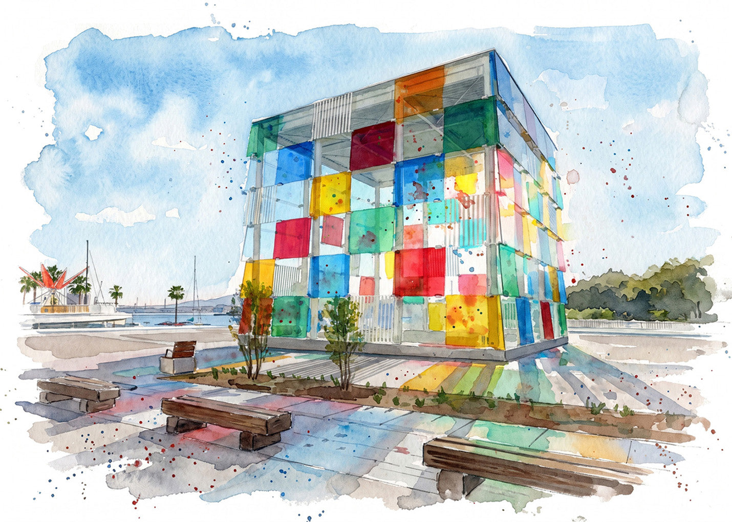 Cuadro Centre Pompidou de Málaga efecto acuarela
