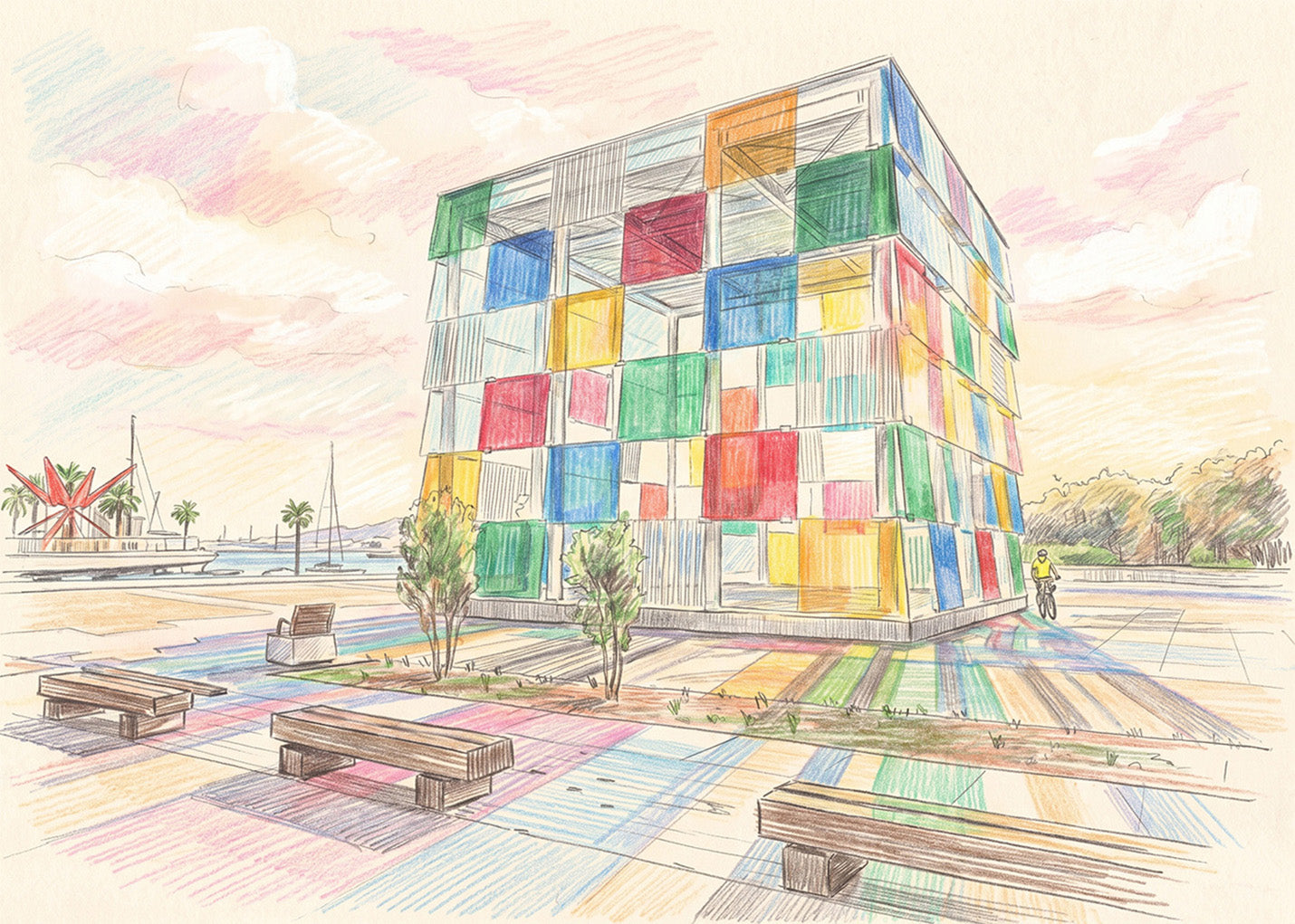 Cuadro Centro Pompidou de Málaga efecto dibujo