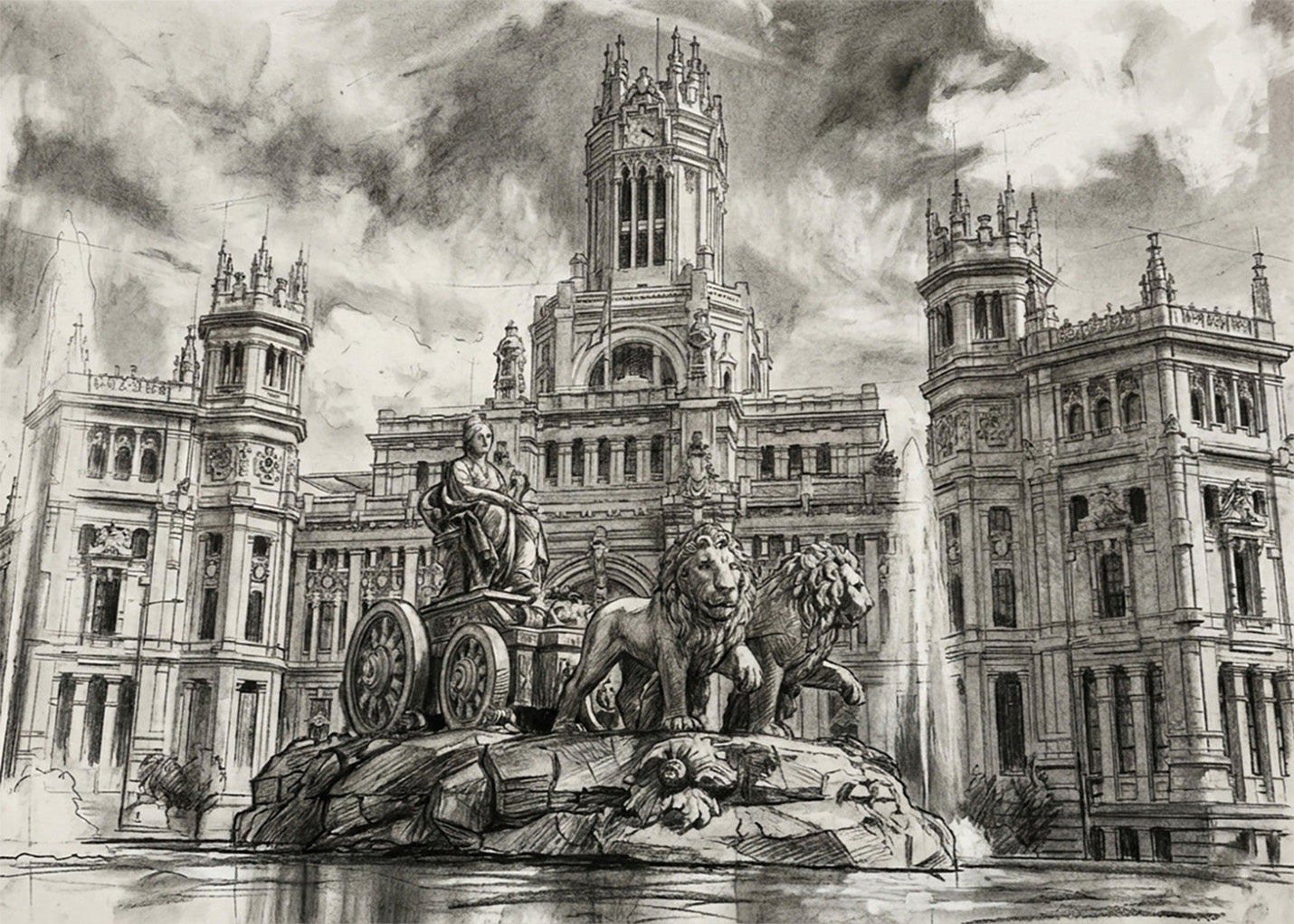 Cuadro Cibeles y Ayuntamiento de Madrid estilo lápiz