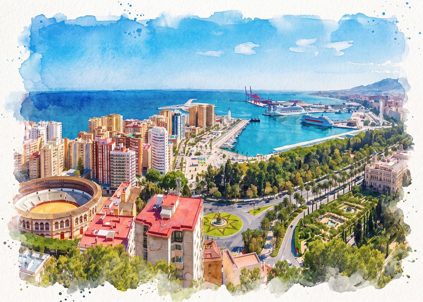 Cuadro Ciudad de Málaga efecto acuarela
