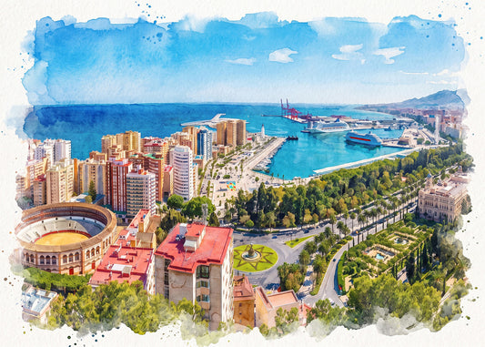 Cuadro Ciudad de Málaga efecto acuarela