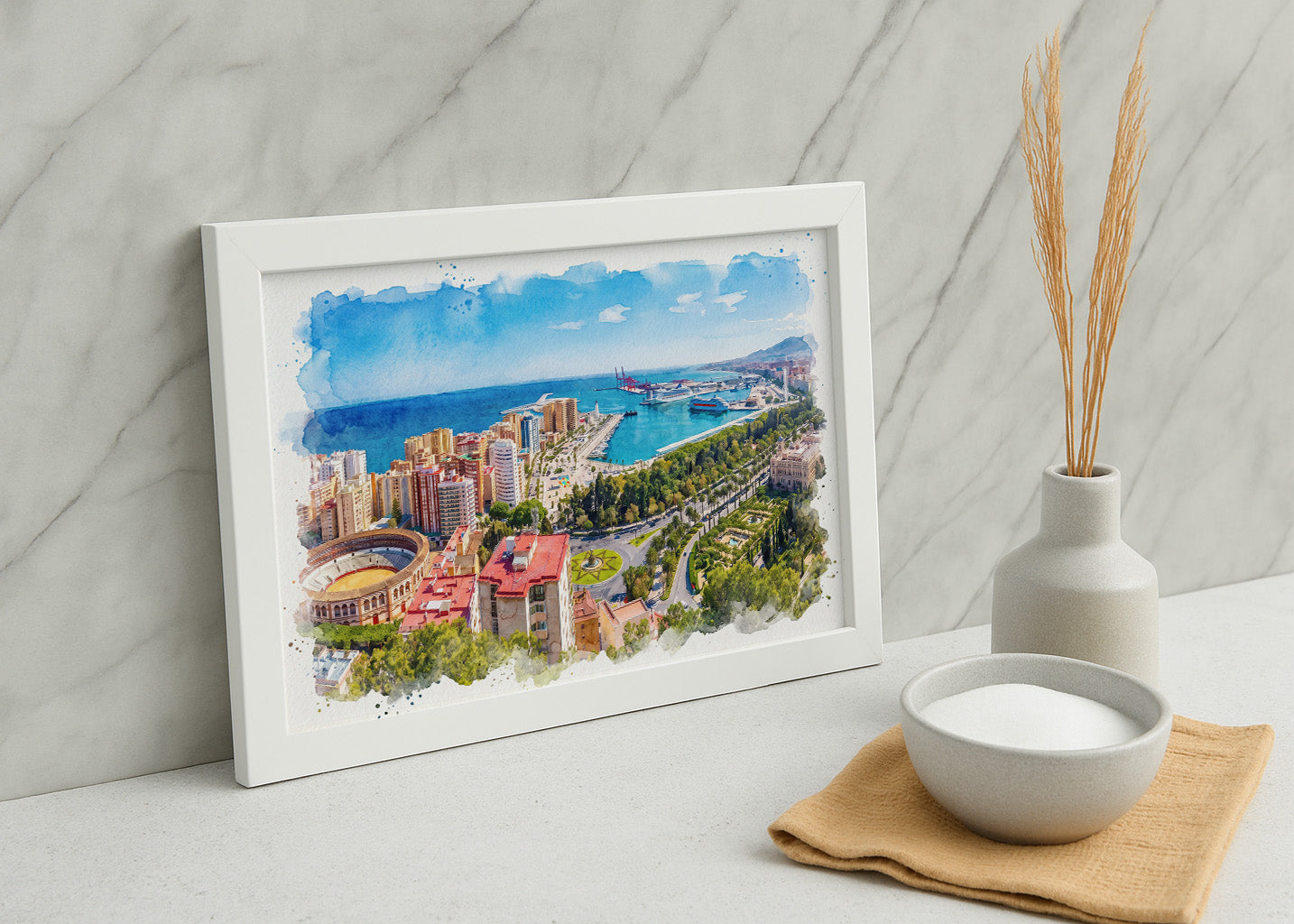 Cuadro Ciudad de Málaga efecto acuarela