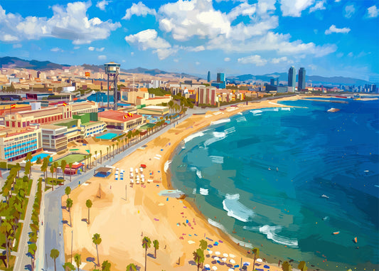 Cuadro Costa de Barcelona y vistas - Gouache