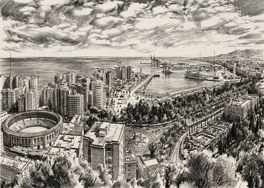 Cuadro Costa de Málaga efecto lápiz