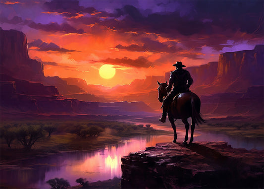 Cuadro ​Vaquero a caballo en el atardecer
