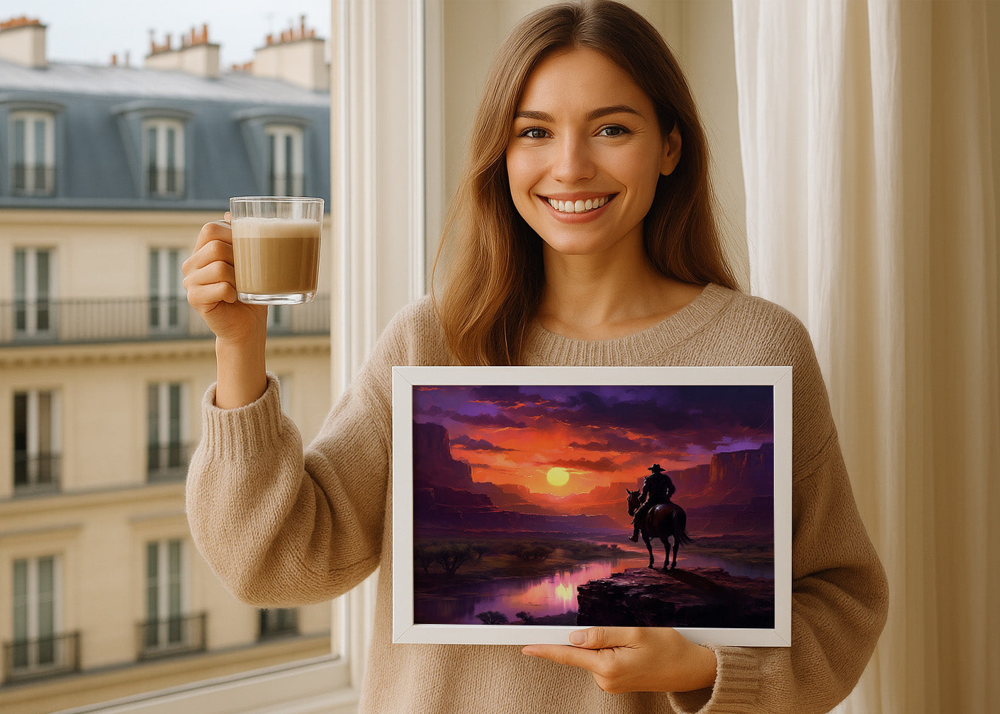 Cuadro ​Vaquero a caballo en el atardecer