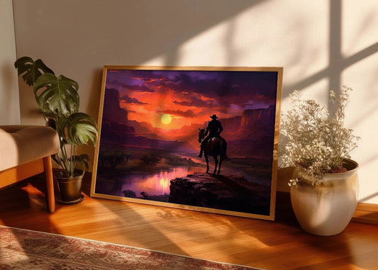 Cuadro ​Vaquero a caballo en el atardecer