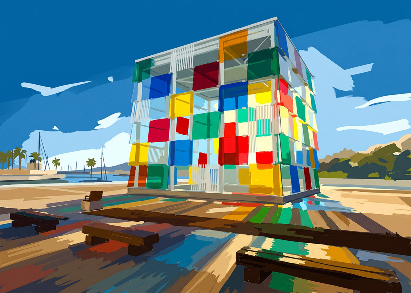 Cuadro Cubo Pompidou de Málaga - Gouache