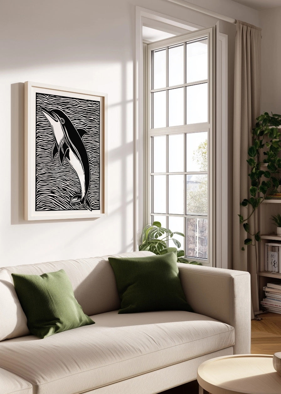 Cuadro ​Delfín diseño Linocut - blanco y negro