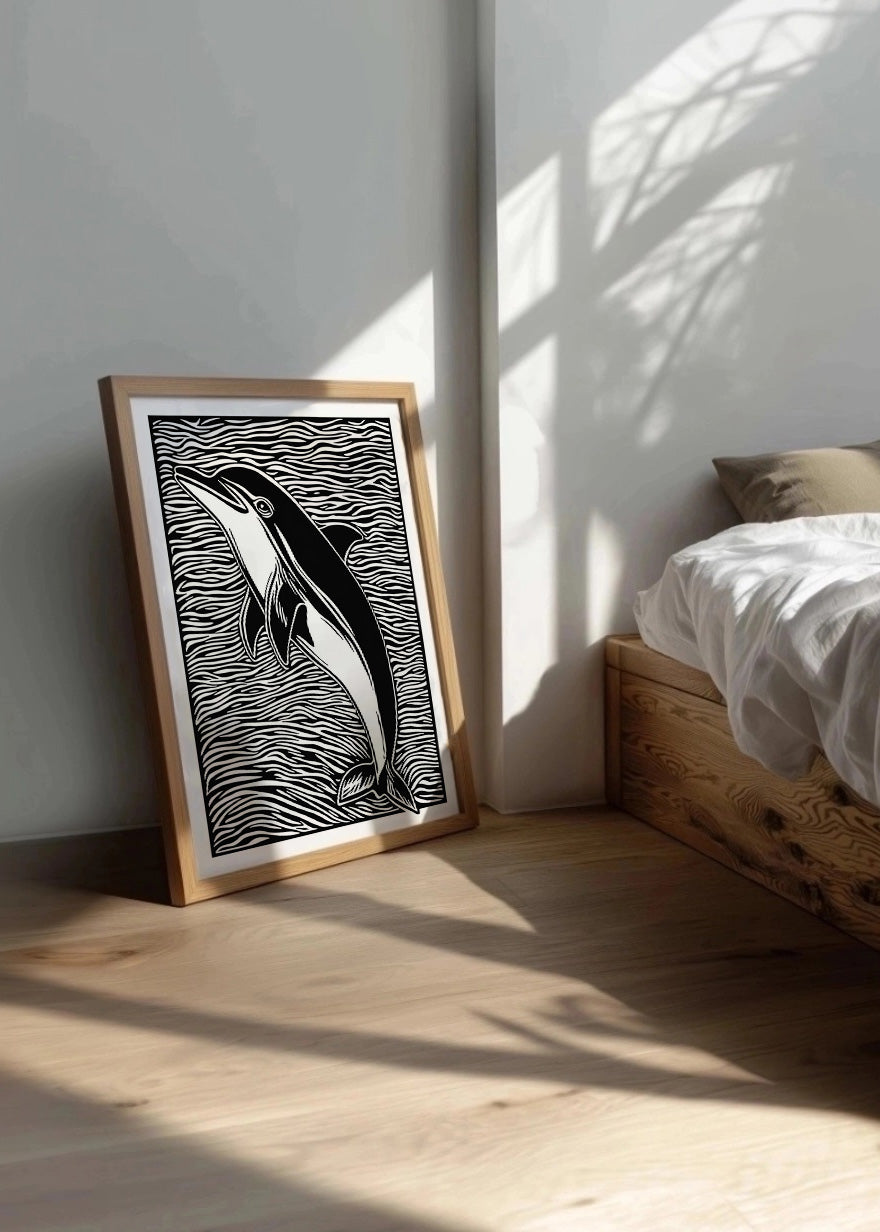 Cuadro ​Delfín diseño Linocut - blanco y negro