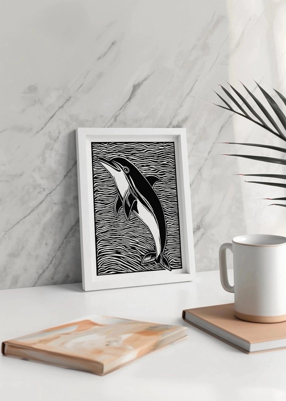 Cuadro ​Delfín diseño Linocut - blanco y negro