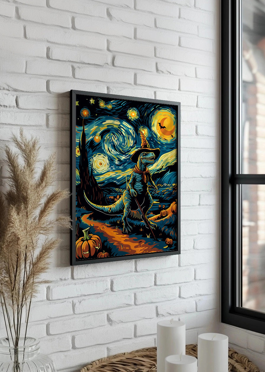 Cuadro ​Dinosaurio en La noche estrellada