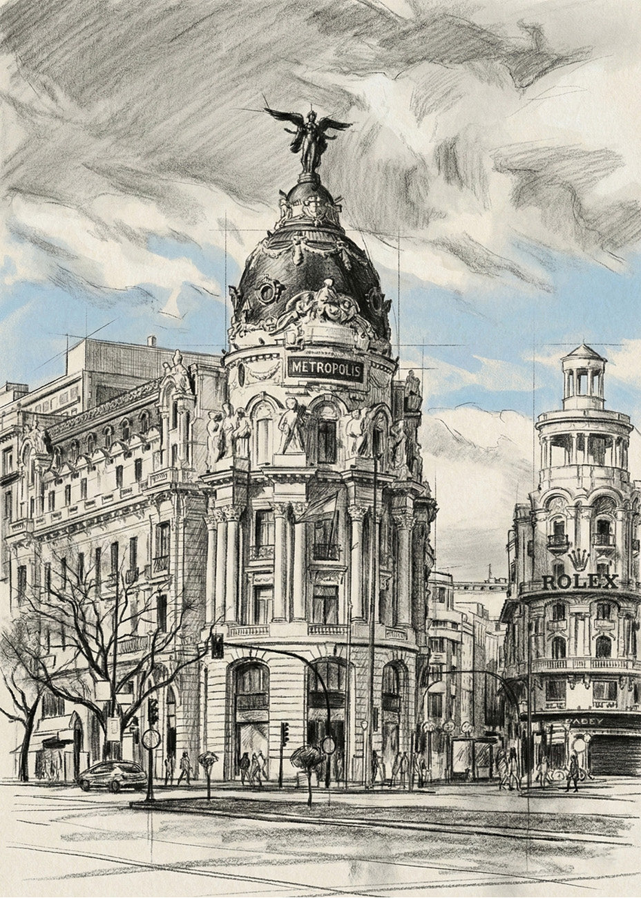 Cuadro Edificio Metrópolis de Gran Vía estilo lápiz