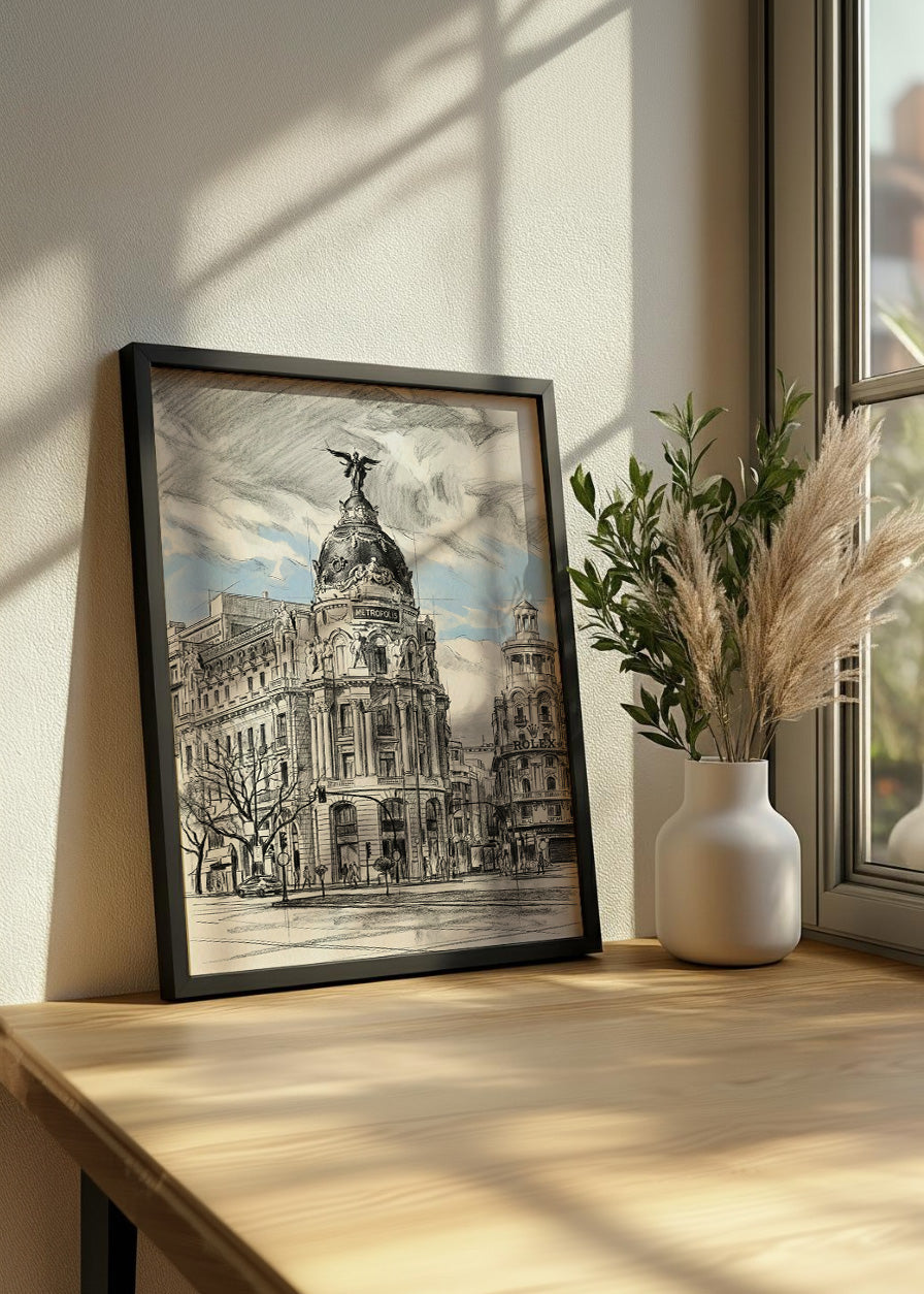 Cuadro Edificio Metrópolis de Gran Vía estilo lápiz