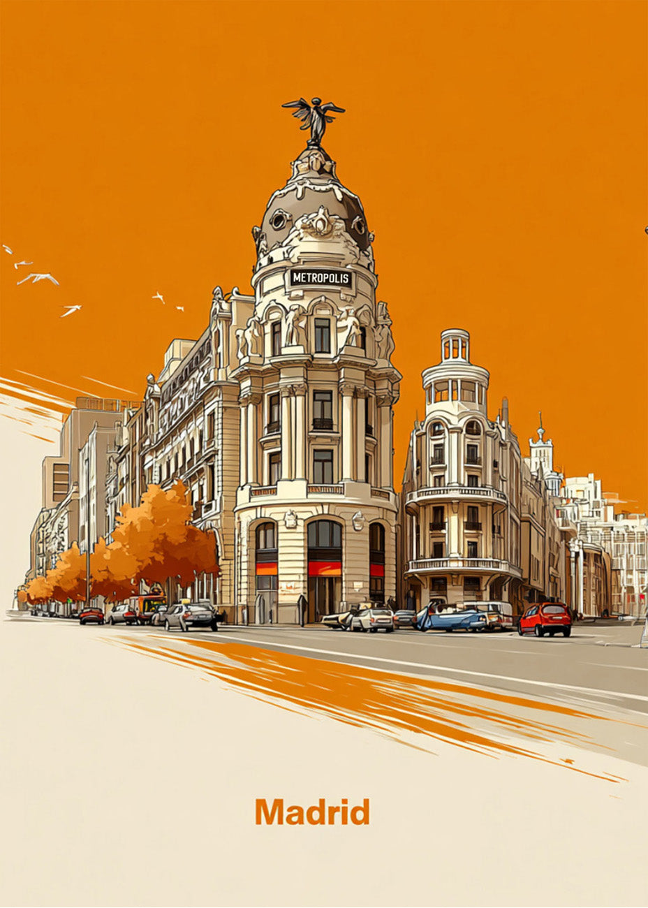 Cuadro Edificio Metrópolis de Madrid en naranja