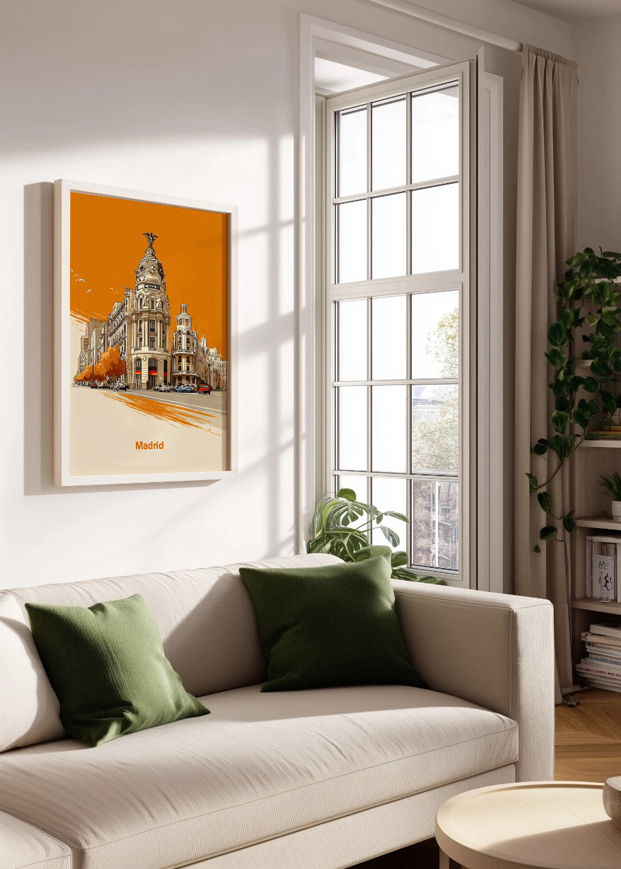 Cuadro Edificio Metrópolis de Madrid en naranja