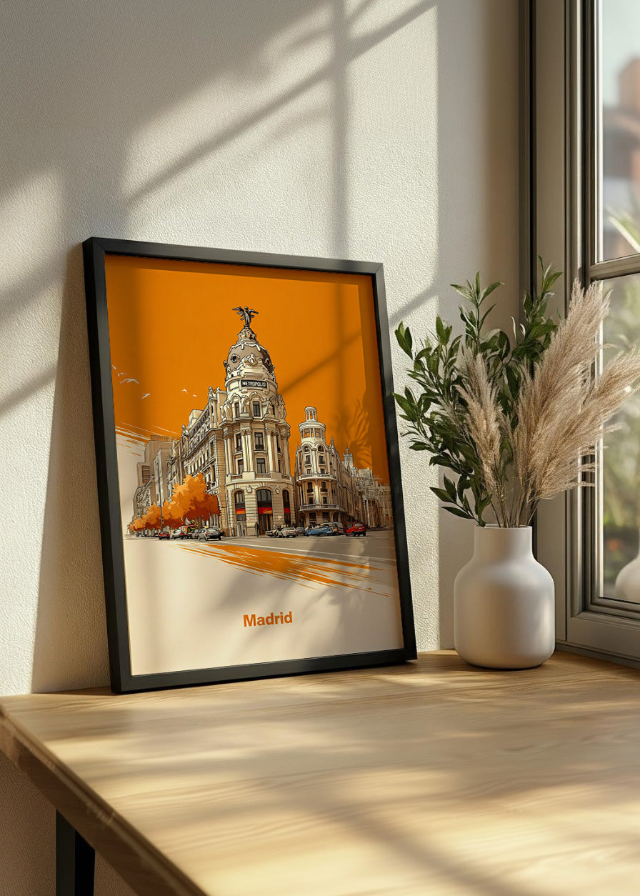 Cuadro Edificio Metrópolis de Madrid en naranja