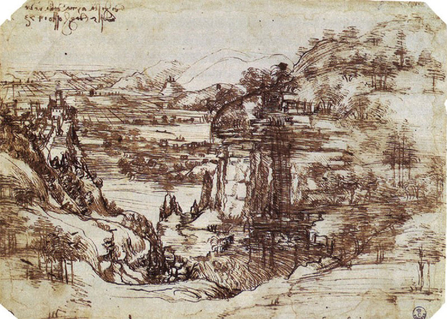 Cuadro ​Estudio de la naturaleza - paisaje del Arno (Leonardo Da Vinci)