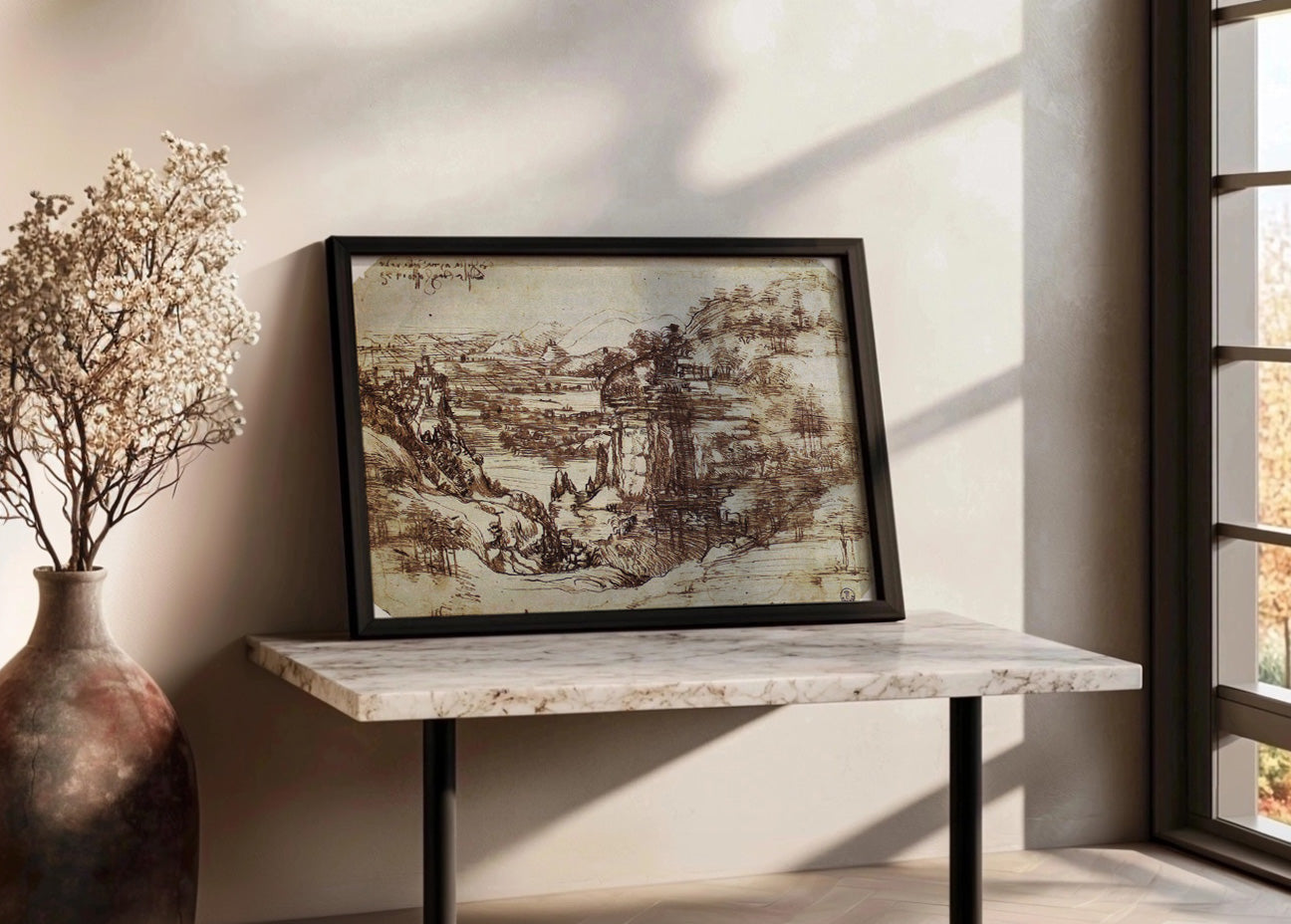 Cuadro ​Estudio de la naturaleza - paisaje del Arno (Leonardo Da Vinci)
