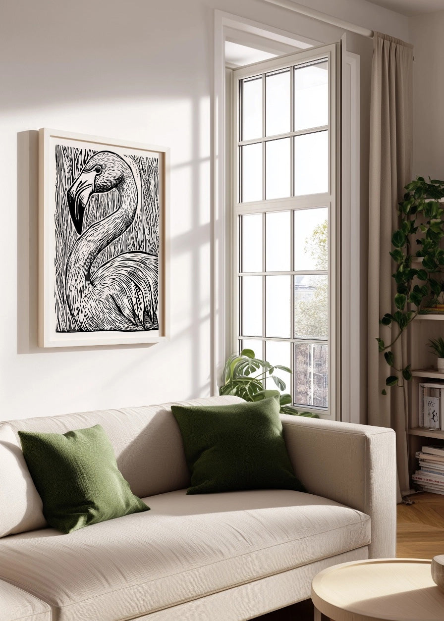 Cuadro ​Flamenco diseño Linocut - blanco y negro