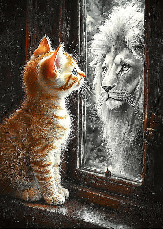 Cuadro ​Gatito mirando un león en el espejo